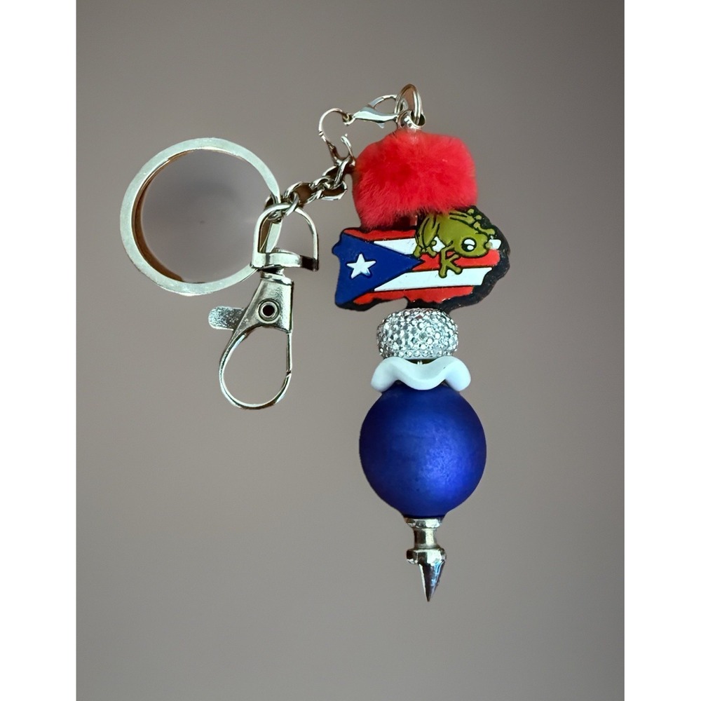 Puerto Rico Handmade Keychain Coqui Frog Flag Red Pom Pom Blue Bead Charm NEW